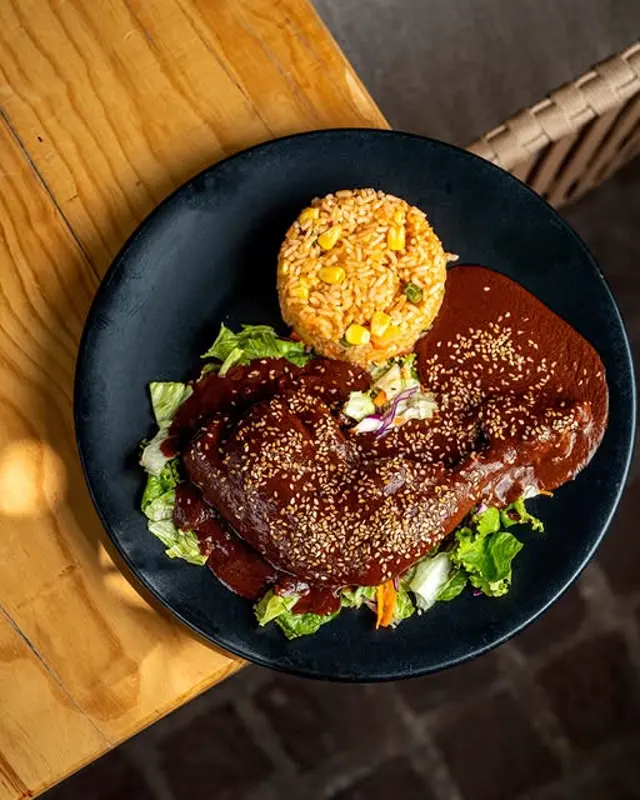 Plato de mole con arroz y ensalada sobre loza de pizarra.